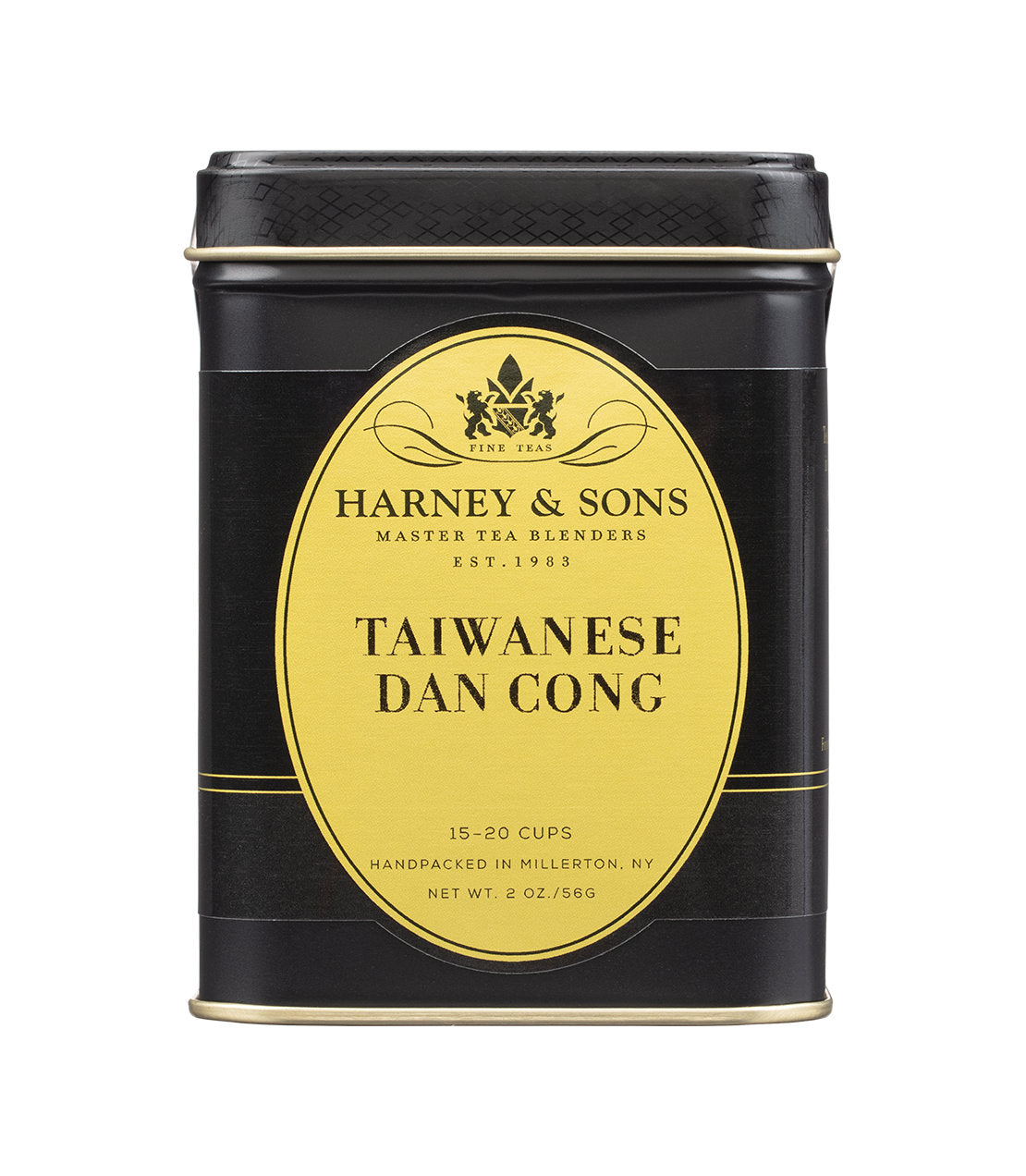 Black tin container of Harney & Sons Taiwanese Dan Cong tea, labeled for 15-20 cups, 2 oz. net weight.