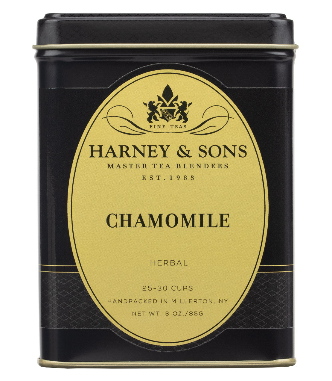 Black tin container of Harney & Sons Chamomile tea, labeled as herbal, net weight 3 oz, with elegant design.