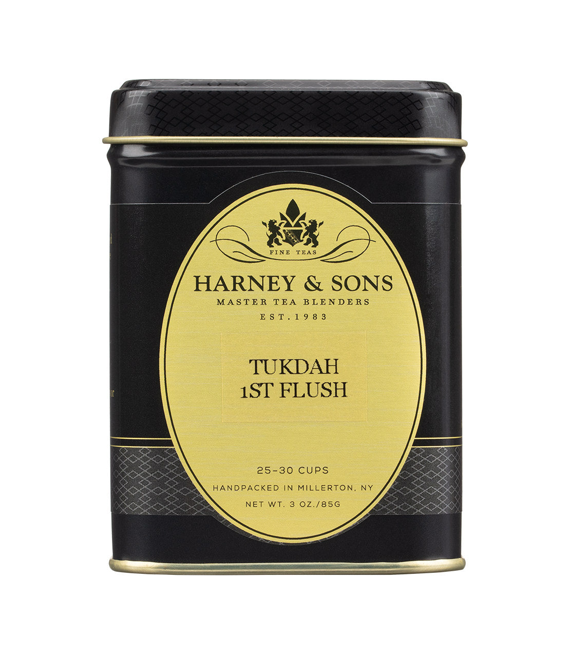 Harney & Sons Tukdah 1st Flush tea tin, 3 oz, handpacked in Millerton, NY, for 25-30 cups of fine tea.