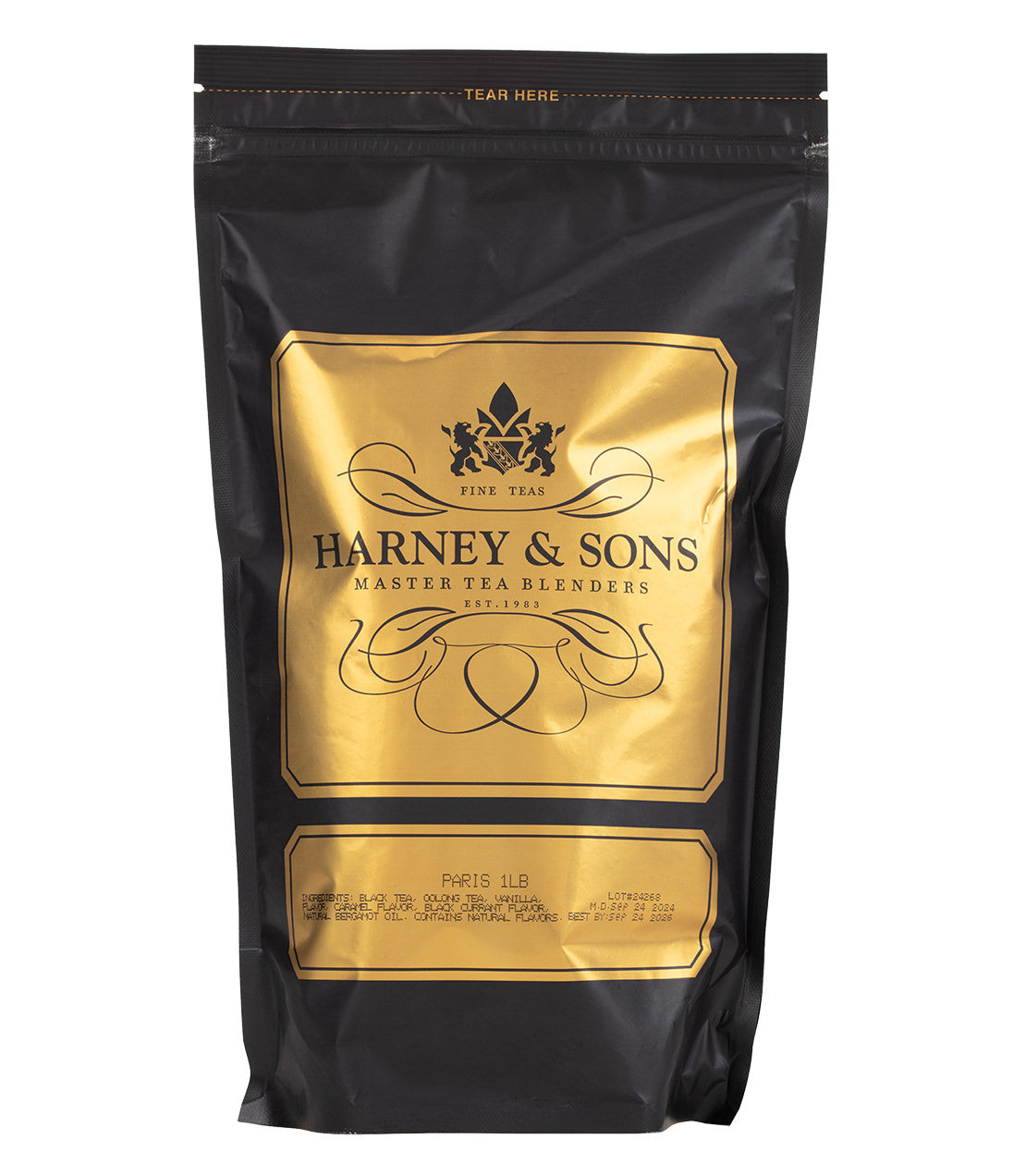 Black tea packaging from Harney & Sons featuring "Paris" blend, 1 lb size, elegant gold and black design.