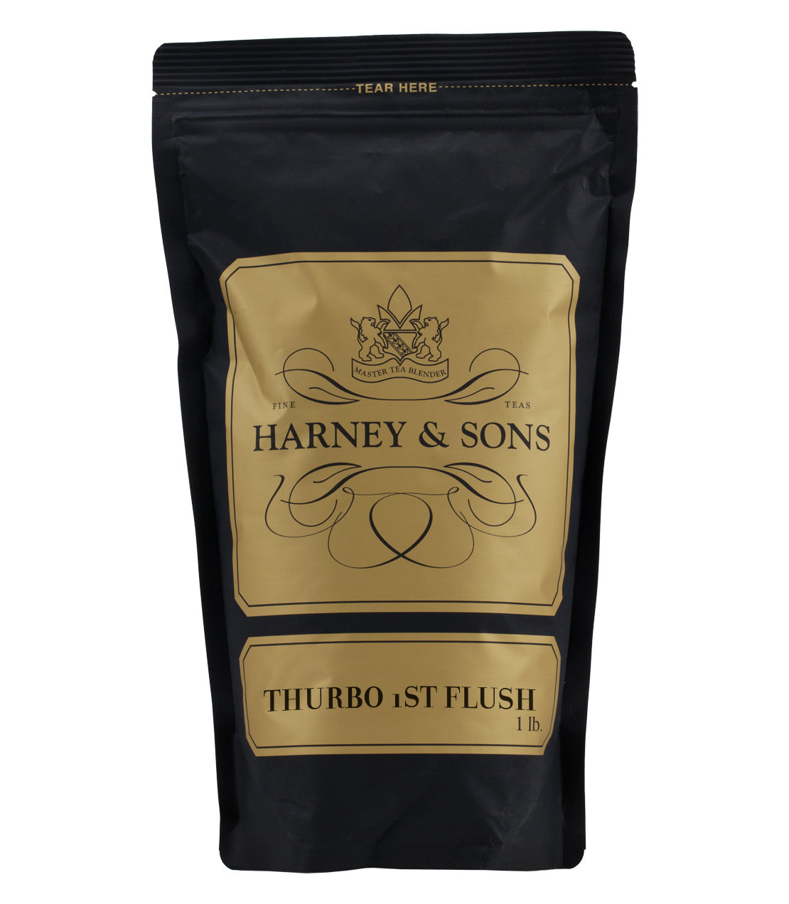 Harney & Sons Thurbo 1st Flush tea packaging, black bag with gold accents, 1 lb size.