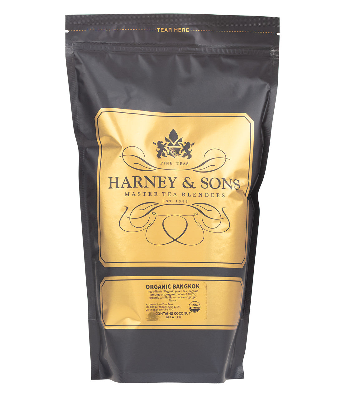 Harney & Sons Organic Bangkok tea packaging featuring green tea with coconut, ginger, and vanilla flavors.