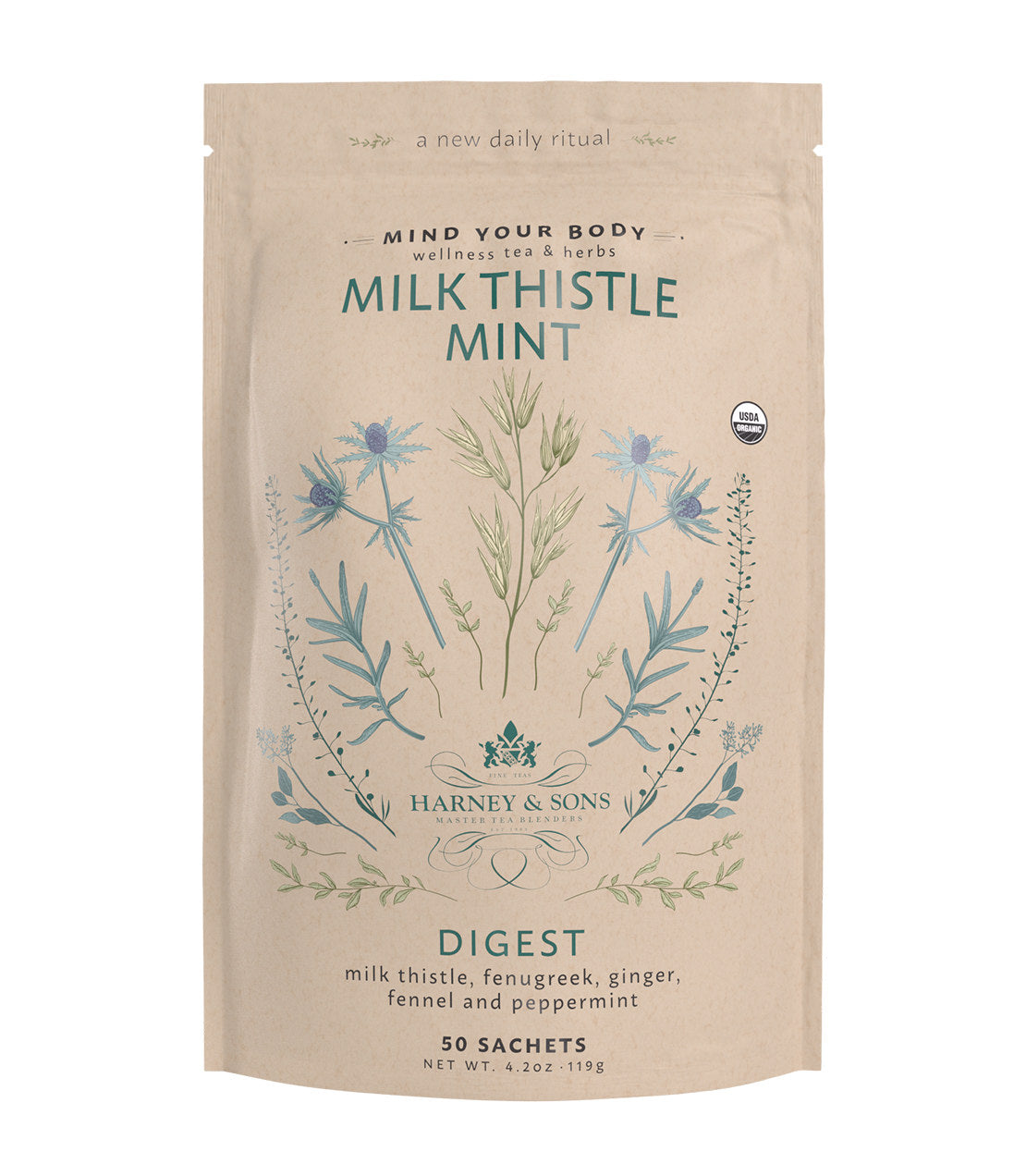 Organic Milk Thistle Mint tea sachets by Harney & Sons, featuring a blend of herbs for digestion, in a 50-count bag.