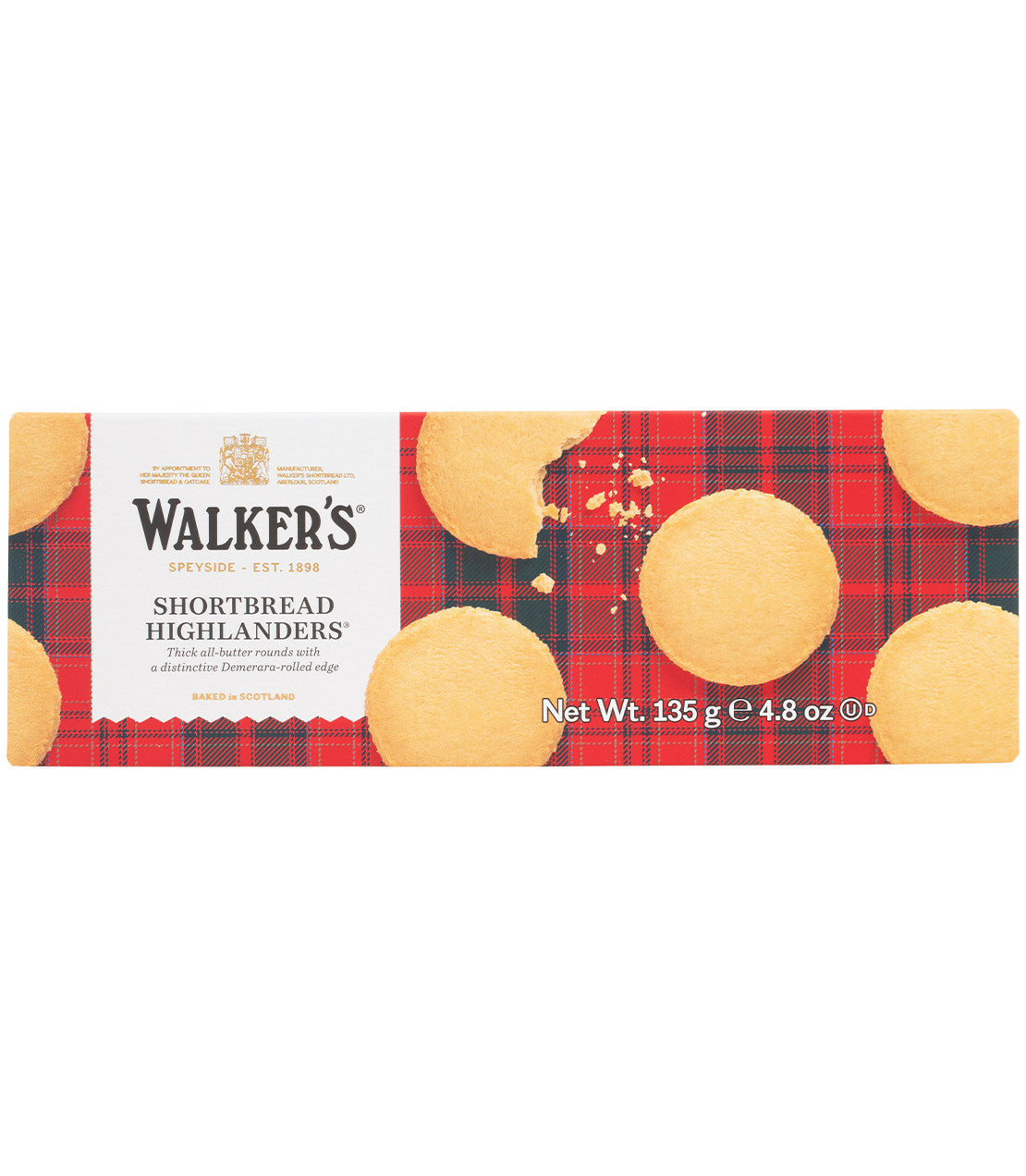 Walker's Shortbread Highlanders box featuring assorted shortbread cookies on a tartan background.