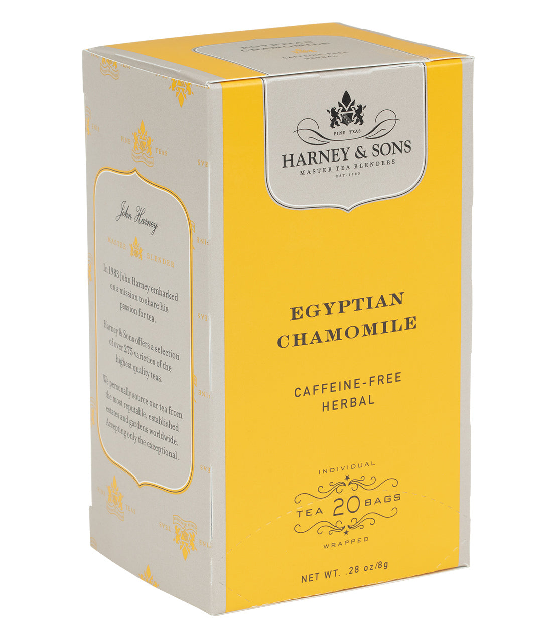 Box of 20 premium Egyptian Chamomile teabags, caffeine-free herbal tea by Harney & Sons. Elegant packaging design.
