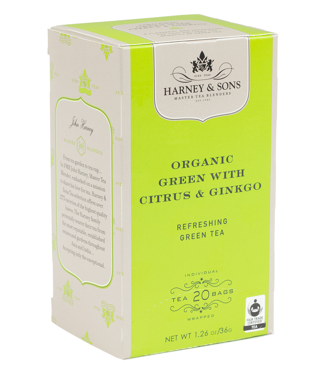 Box of 20 premium organic green tea bags with citrus and ginkgo, featuring a bright green design.