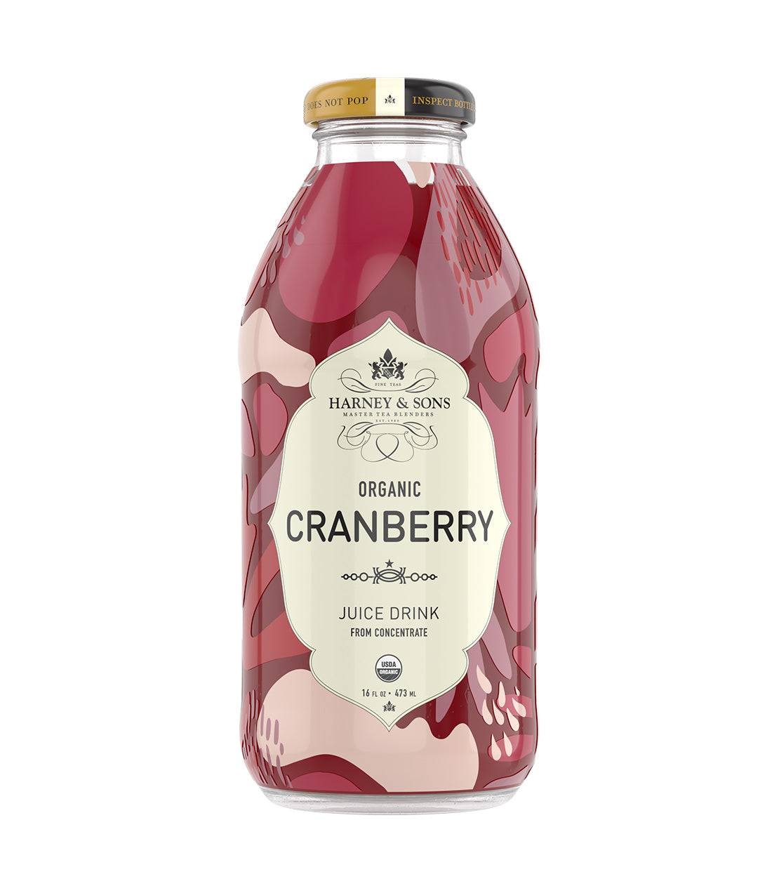 Harney & Sons Fine Teas- 16 OZ Bottle of Organic Cranberry Juice Drink, featuring a colorful design.