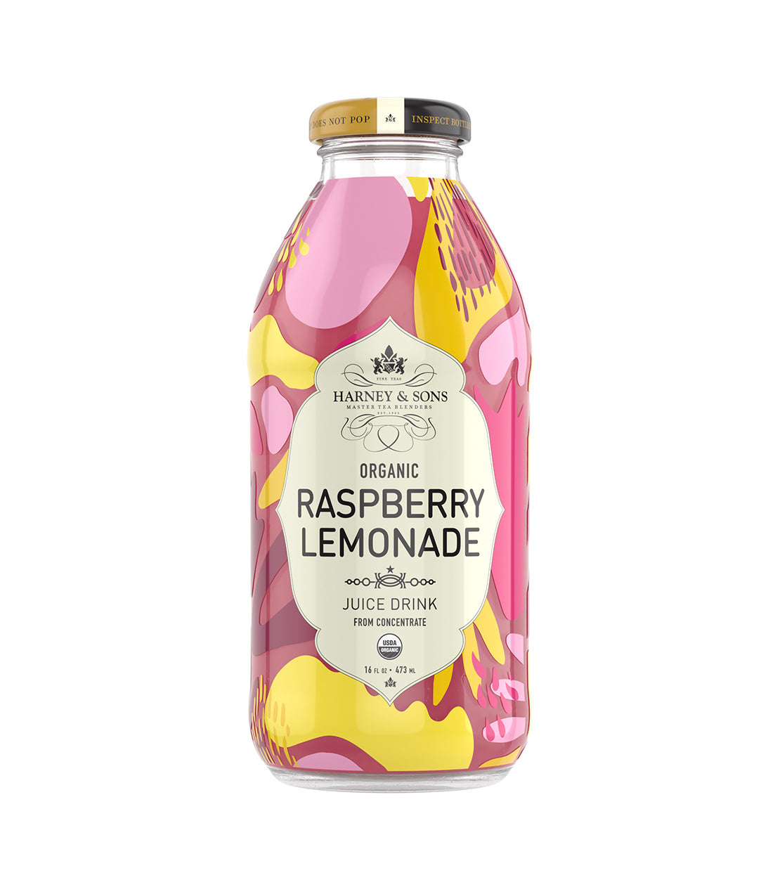 Bottle of organic raspberry lemonade juice drink with vibrant pink and yellow floral design.