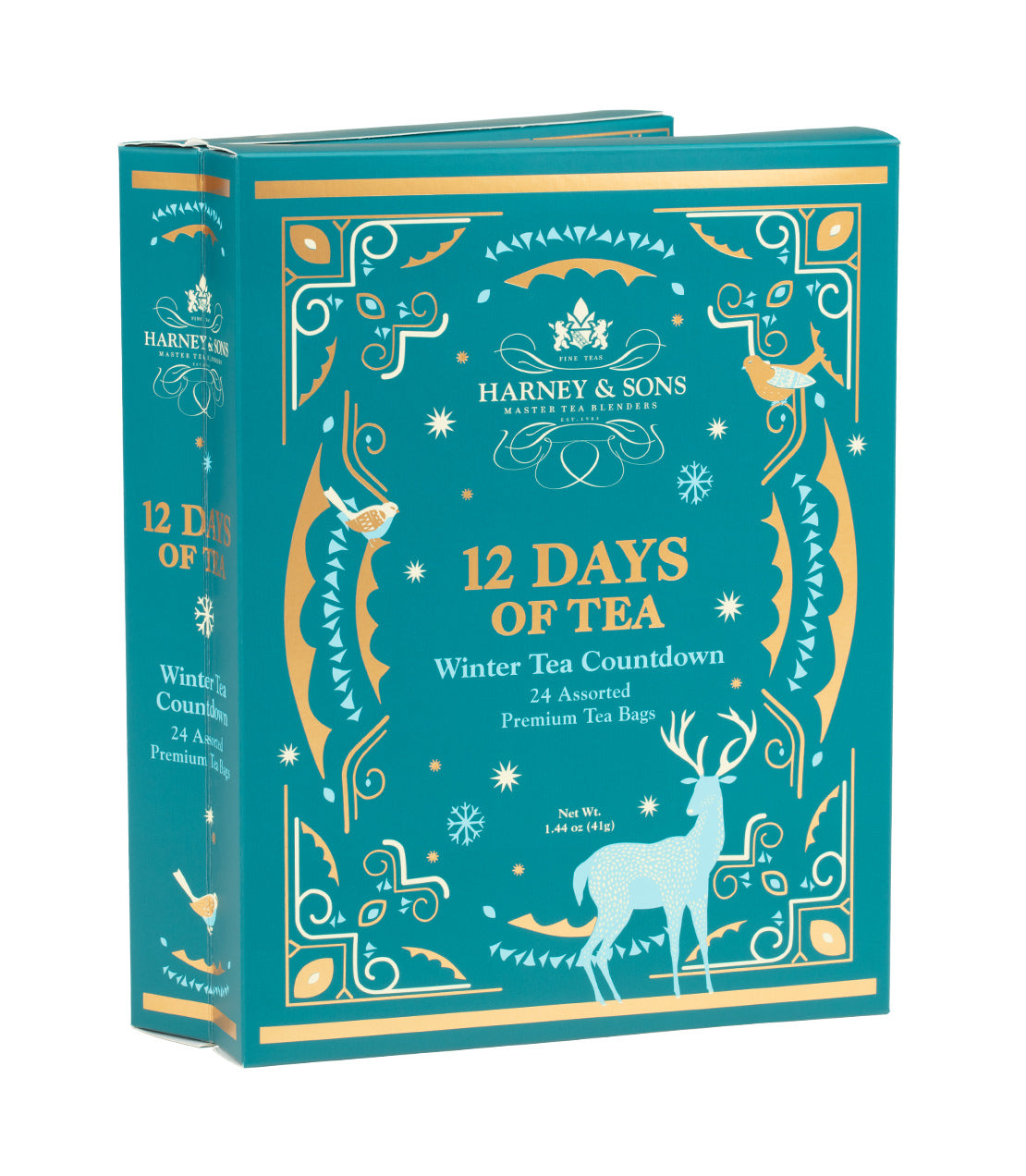 Harney & Sons 12 Days of Tea Winter Countdown box featuring 24 assorted premium tea bags with festive design.