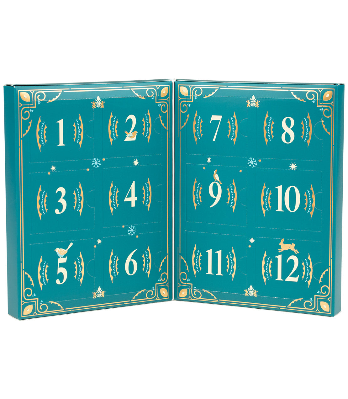 "12 Days of Tea Winter Countdown advent calendar with numbered doors for daily tea surprises.