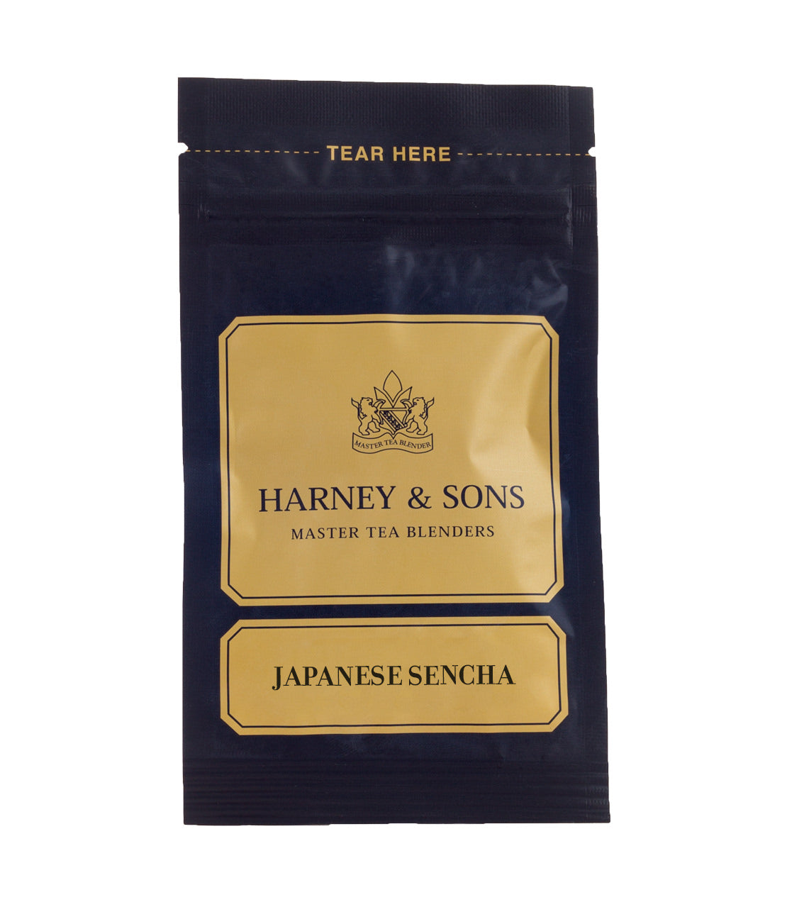 Harney & Sons Japanese Sencha tea packaging, featuring a blue background and gold label design.