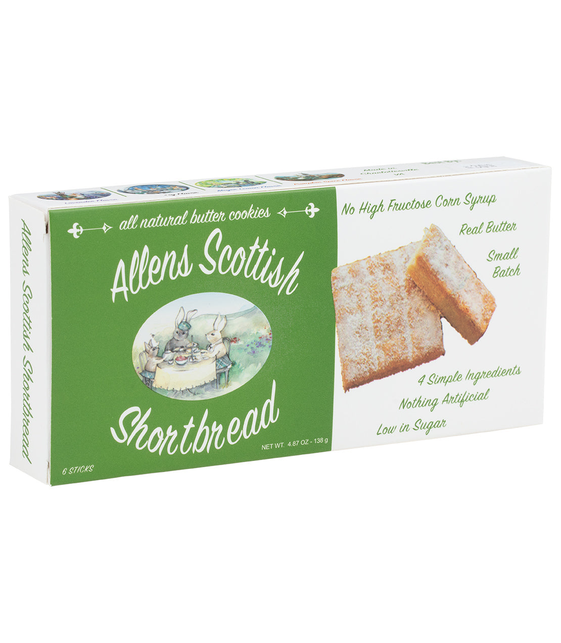 Green packaging for Allens Scottish Shortbread highlighting its all-natural butter cookies with no high-fructose corn syrup, real butter, small batch process, 4 simple ingredients, nothing artificial, and low sugar content. The box displays an illustration of rabbits