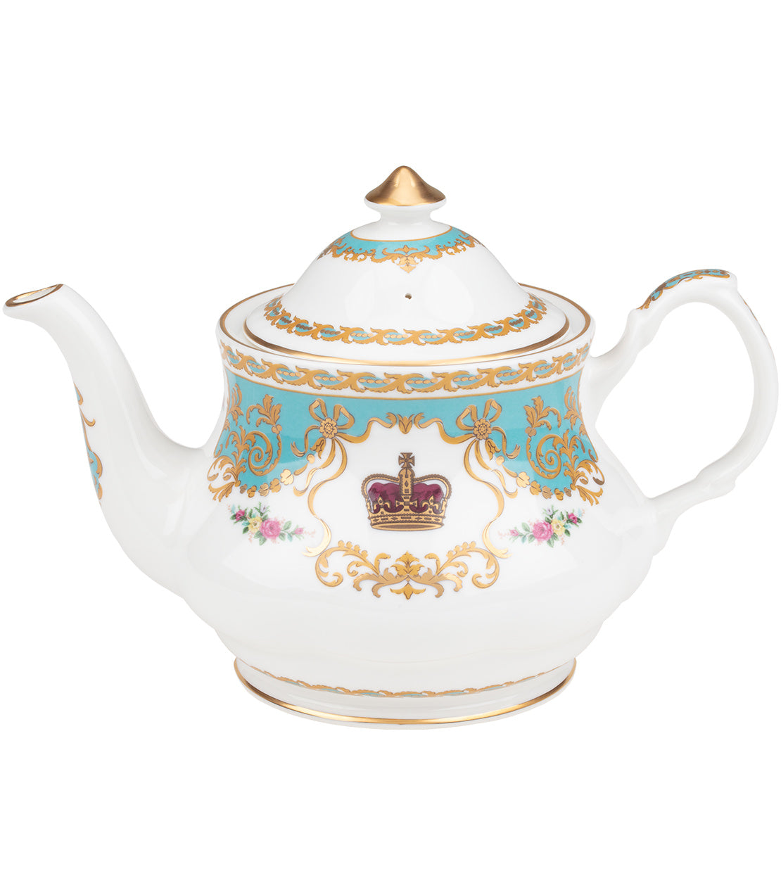 Elegant Historic Royal Palaces tea set featuring a teapot with intricate gold and turquoise crown design.