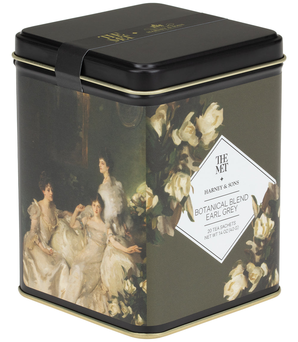Tin of 20 sachets of Botanical Blend Earl Grey tea by Harney & Sons, featuring a floral design.