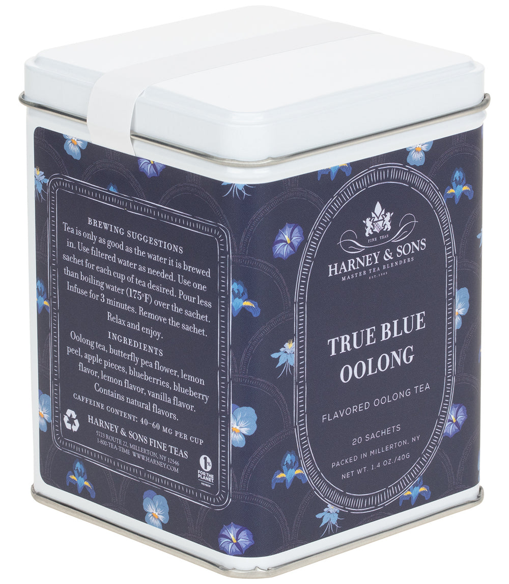 Tin of 20 sachets of True Blue Oolong tea by Harney & Sons, featuring floral design and brewing suggestions.
