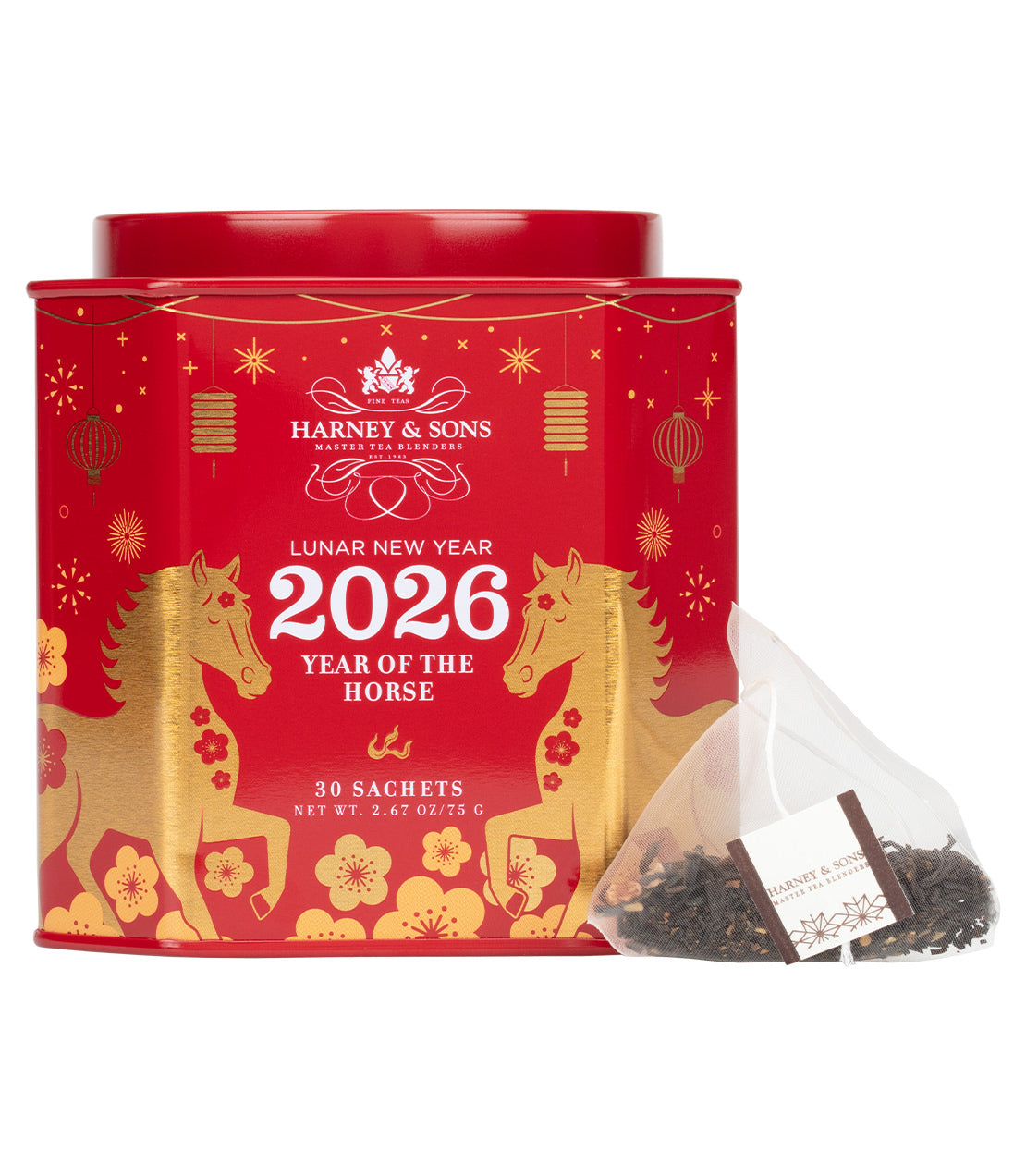 Harney & Sons Fine Teas- Lunar New Year 2026- Year of the Horse- Red and gold tin of 30 sachets- Head on shot with sachet in front