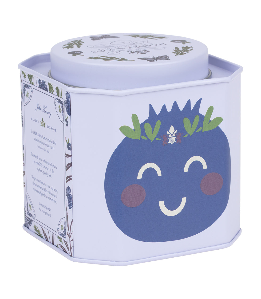 Harney & Sons Fine Teas- Icon Collection- Blueberry Green- Light blue tin of 30 sachets featuring a smiling blueberry icon