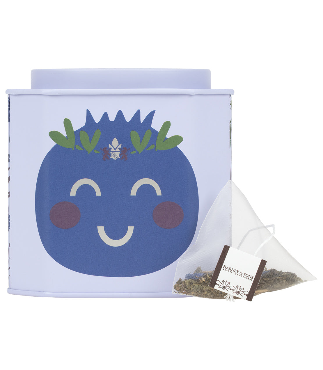 Harney & Sons Fine Teas- Icon Collection- Blueberry Green- Light blue tin of 30 sachets featuring a smiling blueberry icon- Pictured with pyramid sachet of tea