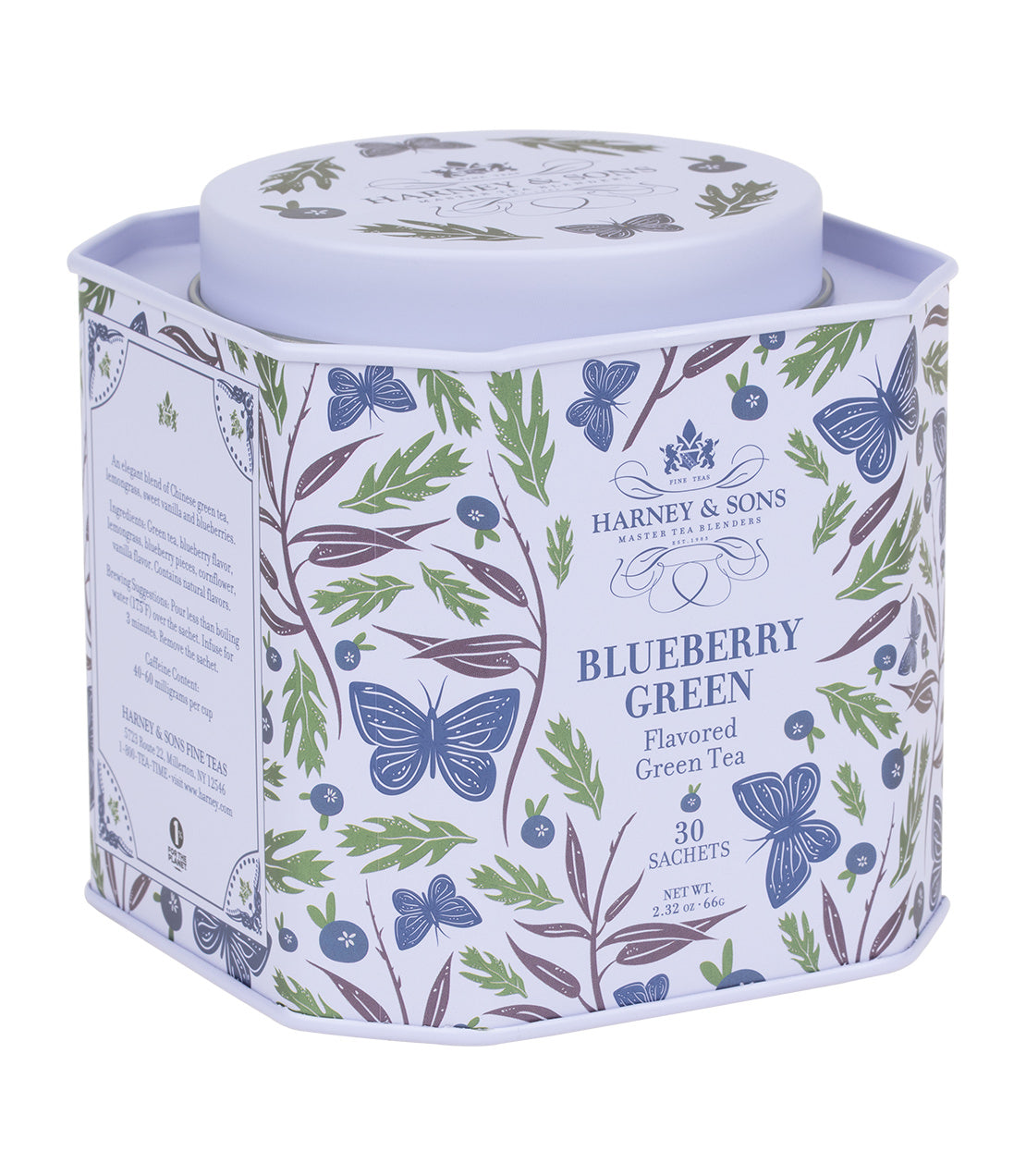 Harney & Sons Fine Teas- Icon Collection- Blueberry Green- Light blue tin of 30 sachets with butterflies, leaves, and blueberries