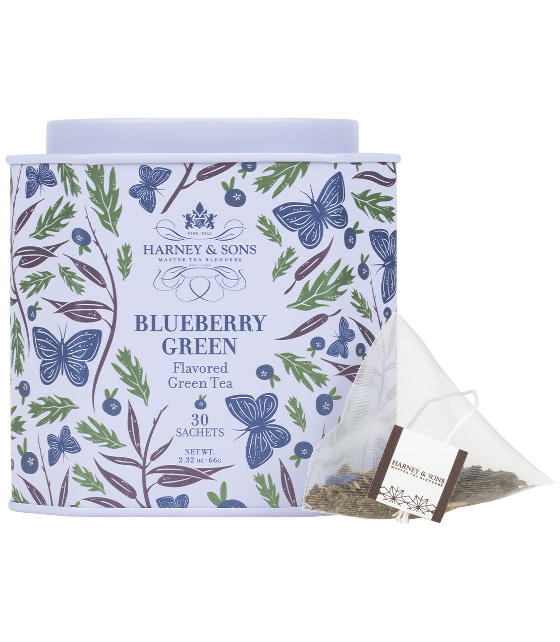 Harney & Sons Fine Teas- Icon Collection- Blueberry Green- Light blue tin of 30 sachets with butterflies, leaves, and blueberries- pictured with a pyramid sachet of tea