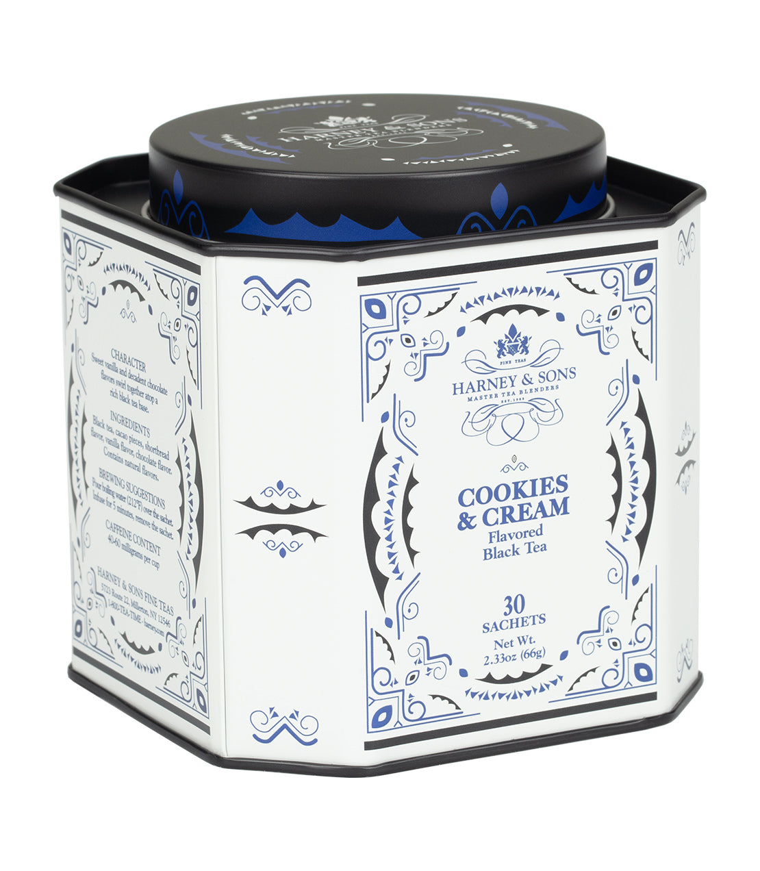 Harney & Sons Fine Teas- Icon Collection-  Cookies & Cream- Black, Blue, and White Tin of 30 Sachets 