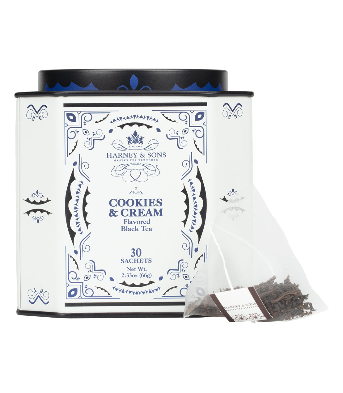 Harney & Sons Fine Teas- Cookies & Cream- Icon Collection- Black, Blue, and White Tin of 30 Sachets- Pictured with Tea Sachet