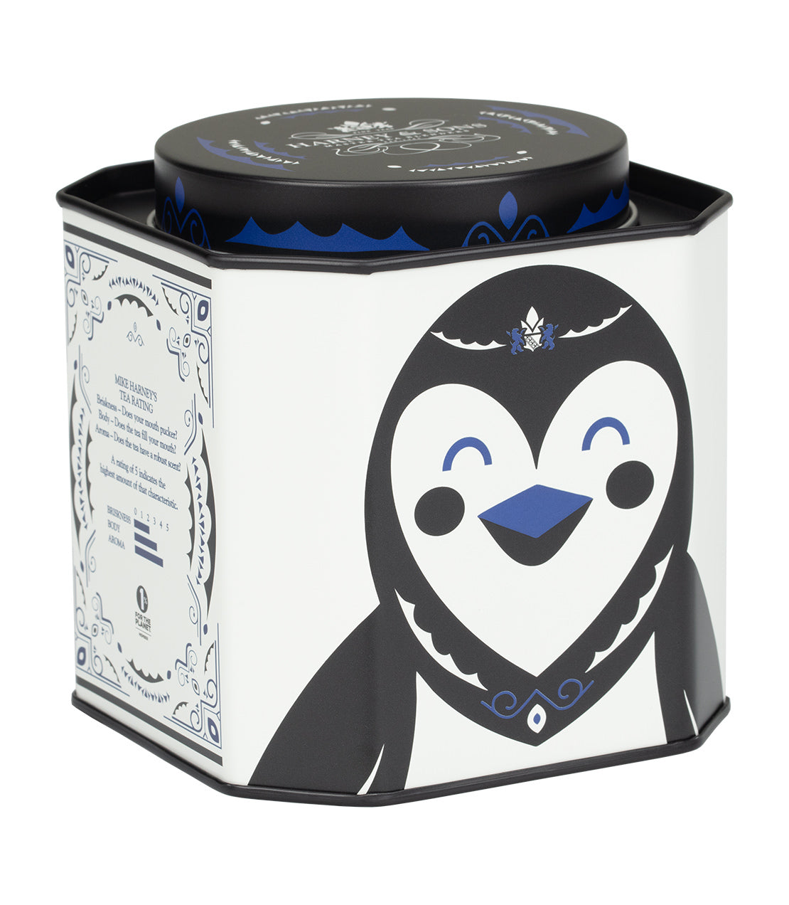 Harney & Sons Fine Teas- Icon Collection-  Cookies & Cream- Black, Blue, and White Tin of 30 Sachets with Cartoon Penguin design