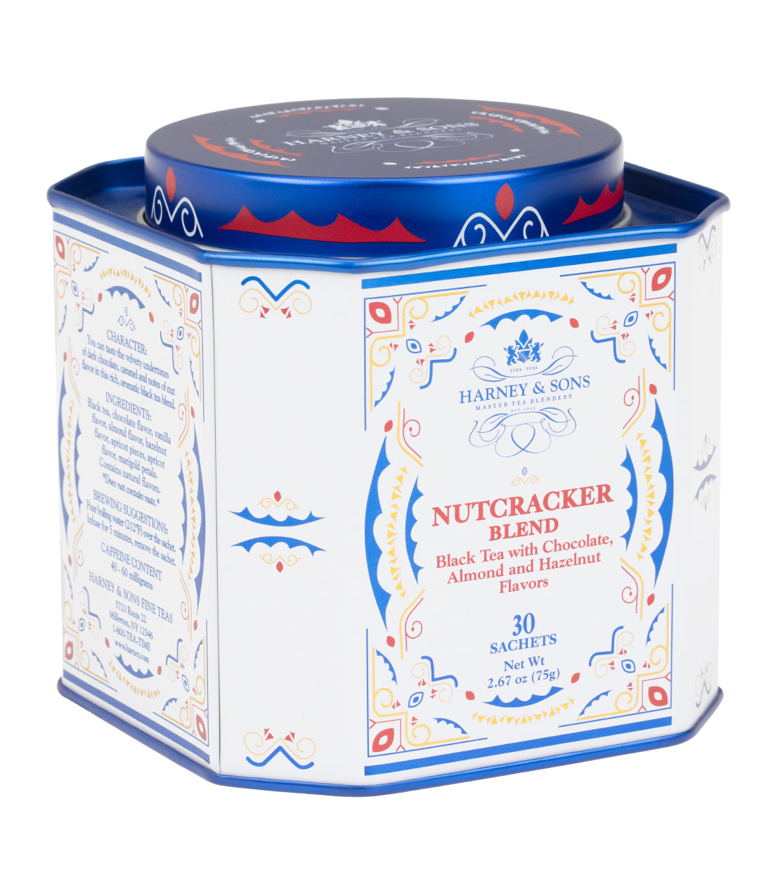 Harney & Sons Fine Teas- Nutcracker Blend- Festive Red, White, Blue, and Gold Tin of 30 Sachets