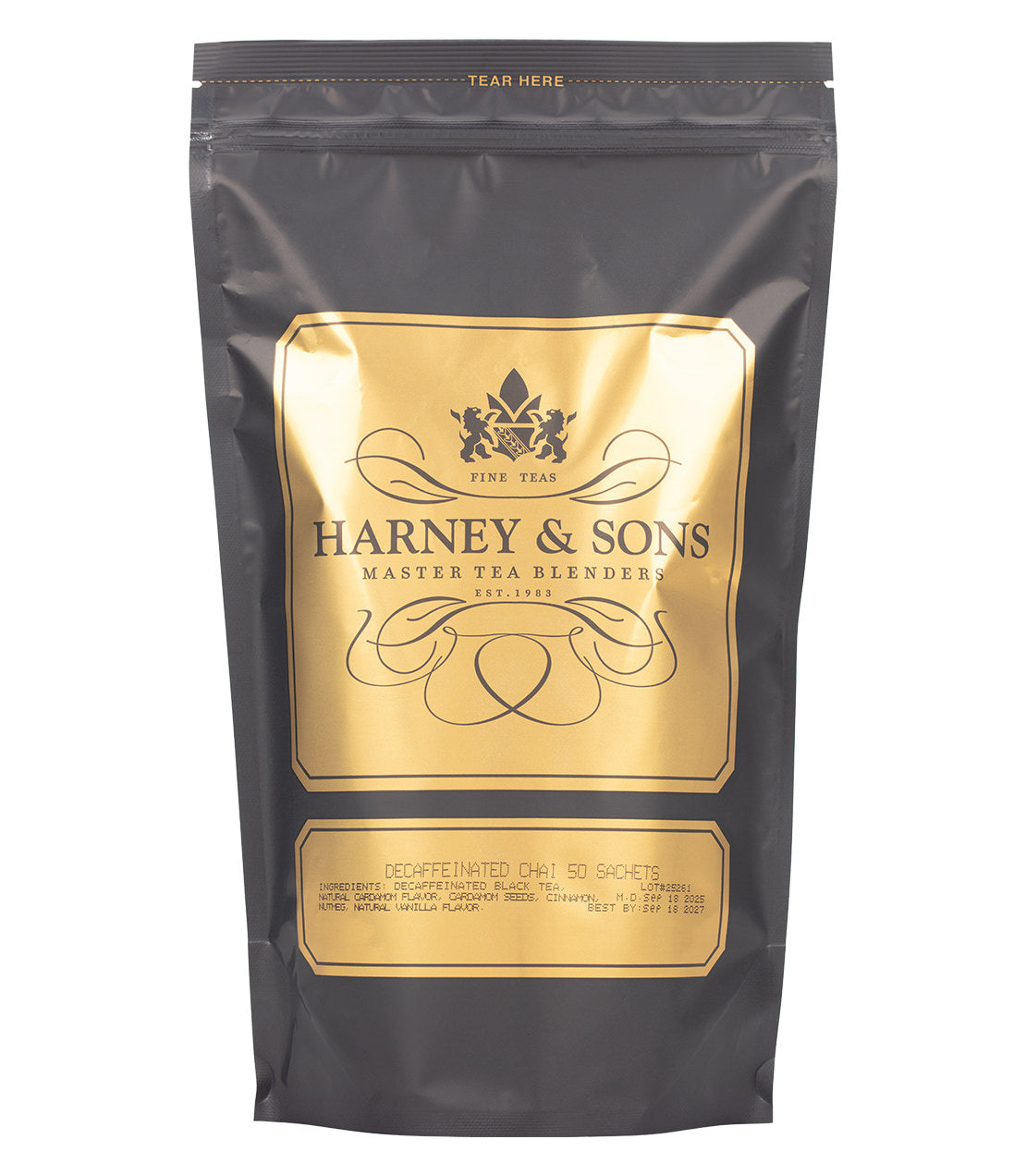 Harney & Sons Fine Teas- Decaffeinated Chai- Black and Gold Bag of 50 Sachets
