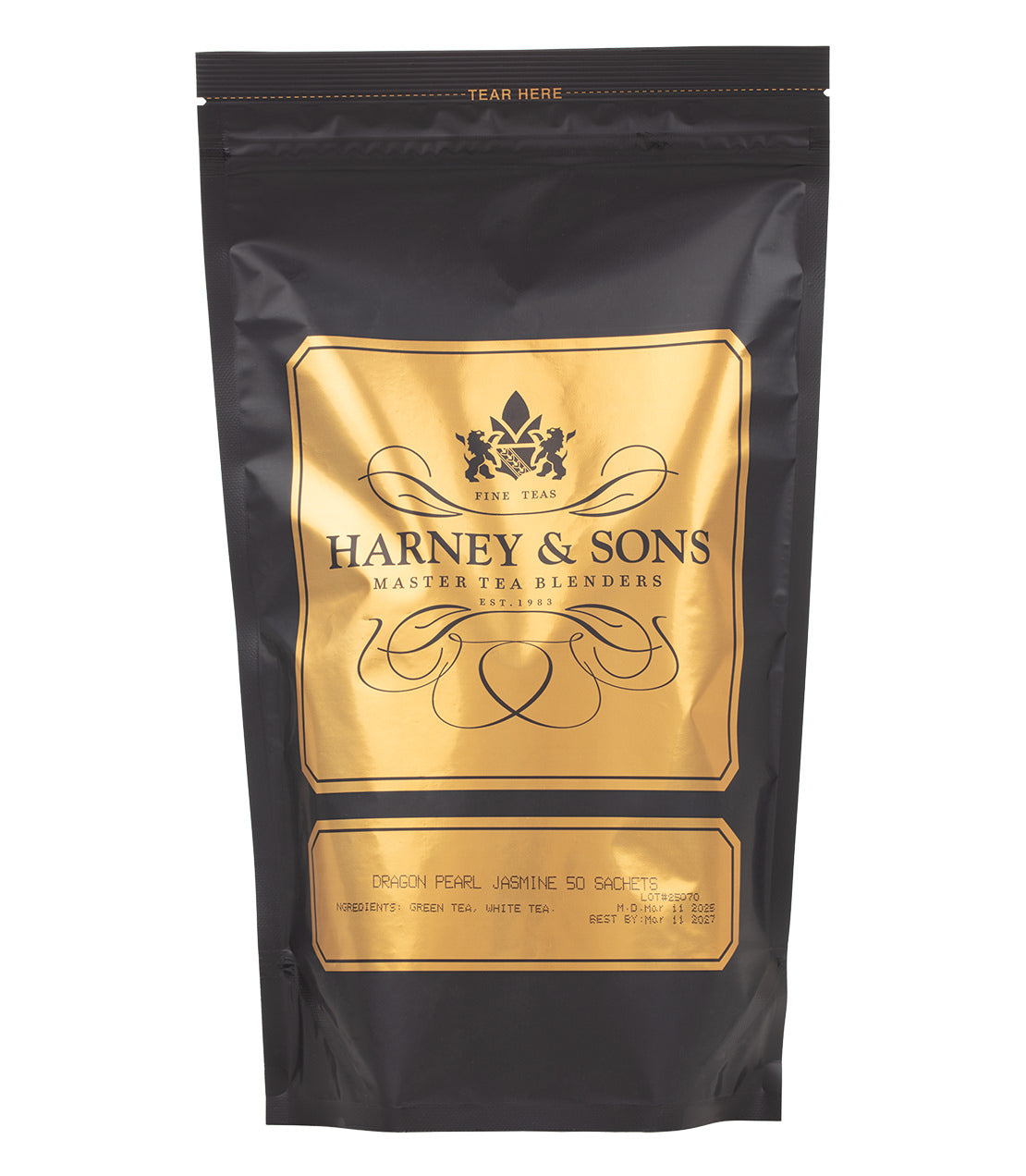 Black tea pouch featuring "Dragon Pearl Jasmine" by Harney & Sons, with gold accents and 50 tea sachets.