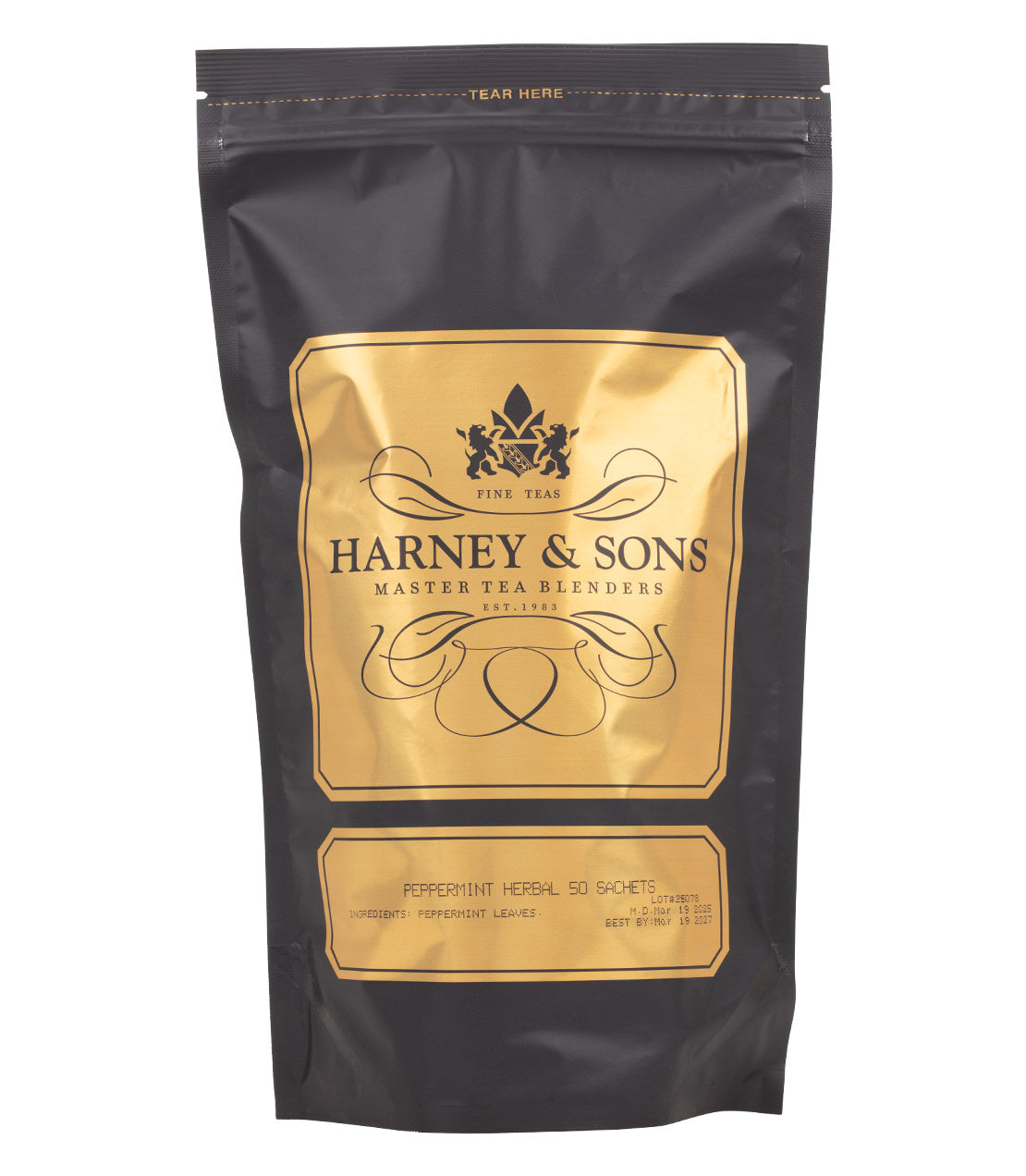Black bag of Harney & Sons Peppermint Herbal tea, containing 50 sachets, featuring gold accents and branding.