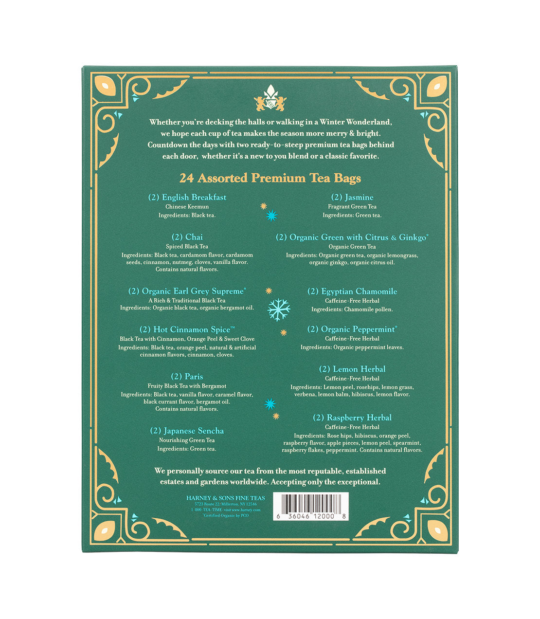 Harney & Sons Fine Teas- 12 Days of Tea- Winter Tea Countdown- 24 Assorted Premium Teabags- Greenbox with gold and blue highlights- Back of box 