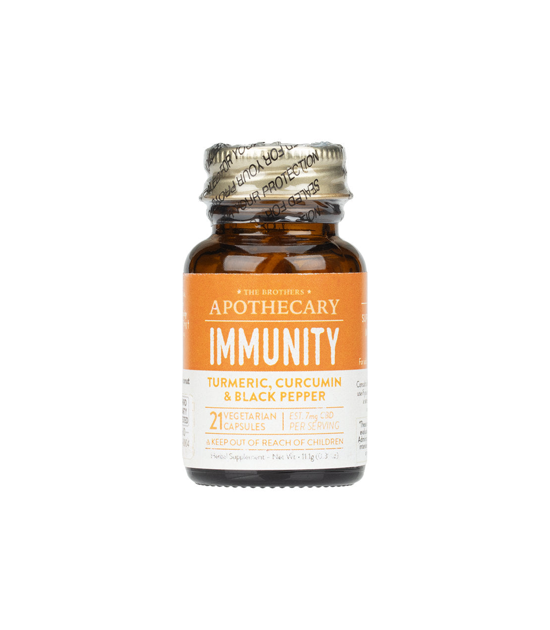 White and orange label on brown bottle of 21 The Brothers Apothecary Immunity capsules featuring turmeric, curcumin, and black pepper for wellness.