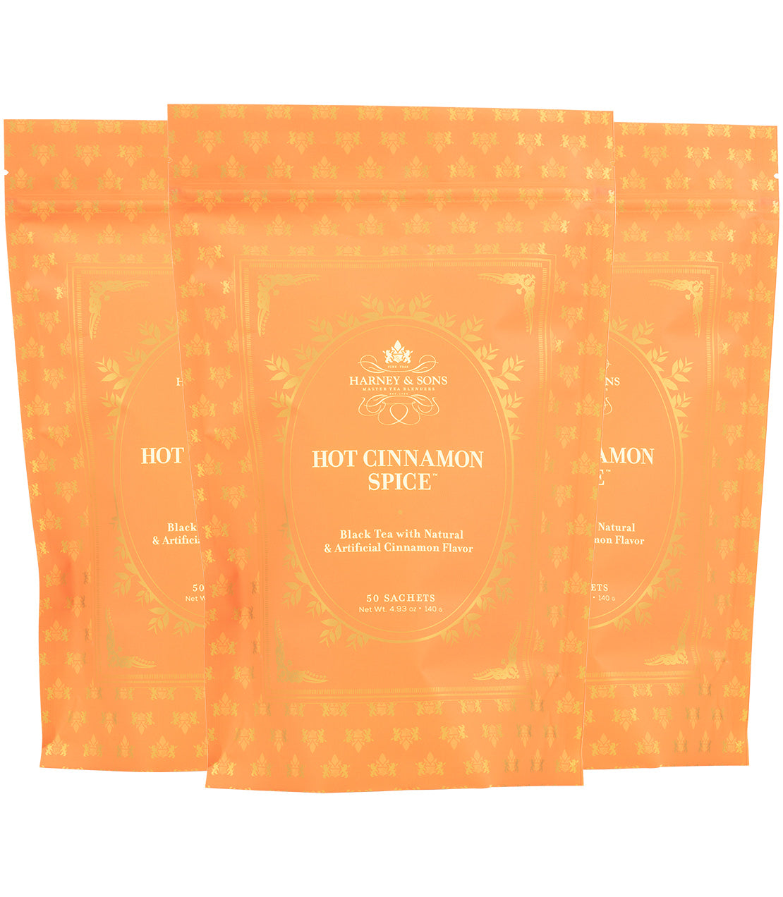 Harney & Sons Fine Teas- Hot Cinnamon Spice- 3 Bags of 50 Sachets- Orange bags with white font and gold 