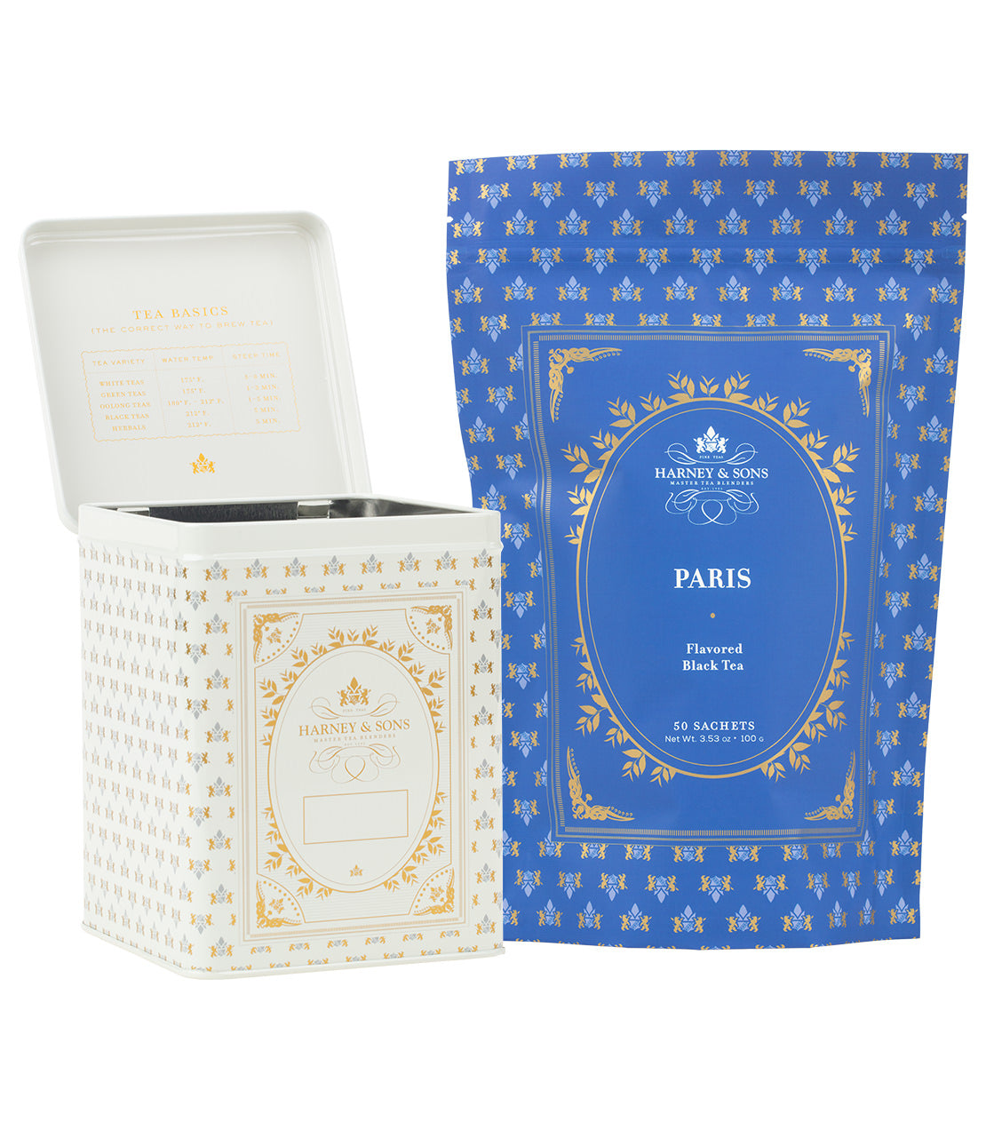 Harney& Sons Fine Teas- Paris Tea Bundle - 50 Sachets & Cream Storage Canister- Cream Storage Canister pictured with blue bag of 50 sachets