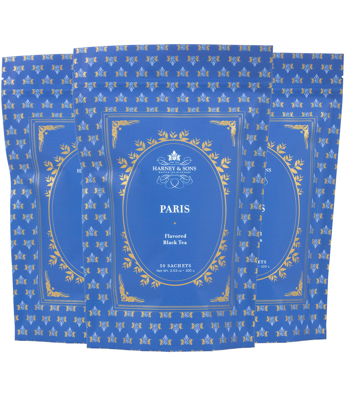 Harney & Sons Fine Teas- Paris- 3 Bags of 50 Sachets- Blue bags with white font and gold highlights 