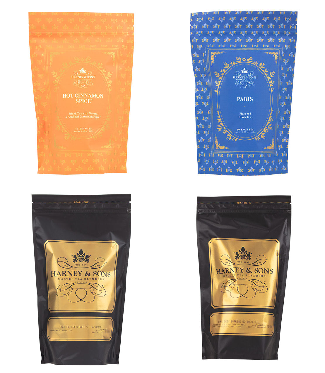 Harney & Sons Best Sellers Bulk Sachets Bundle featuring black and gold bags of English Breakfast and Earl Grey Supreme, a decorative blue bag of Paris, and a decorative orange bag of Hot Cinnamon Spice.