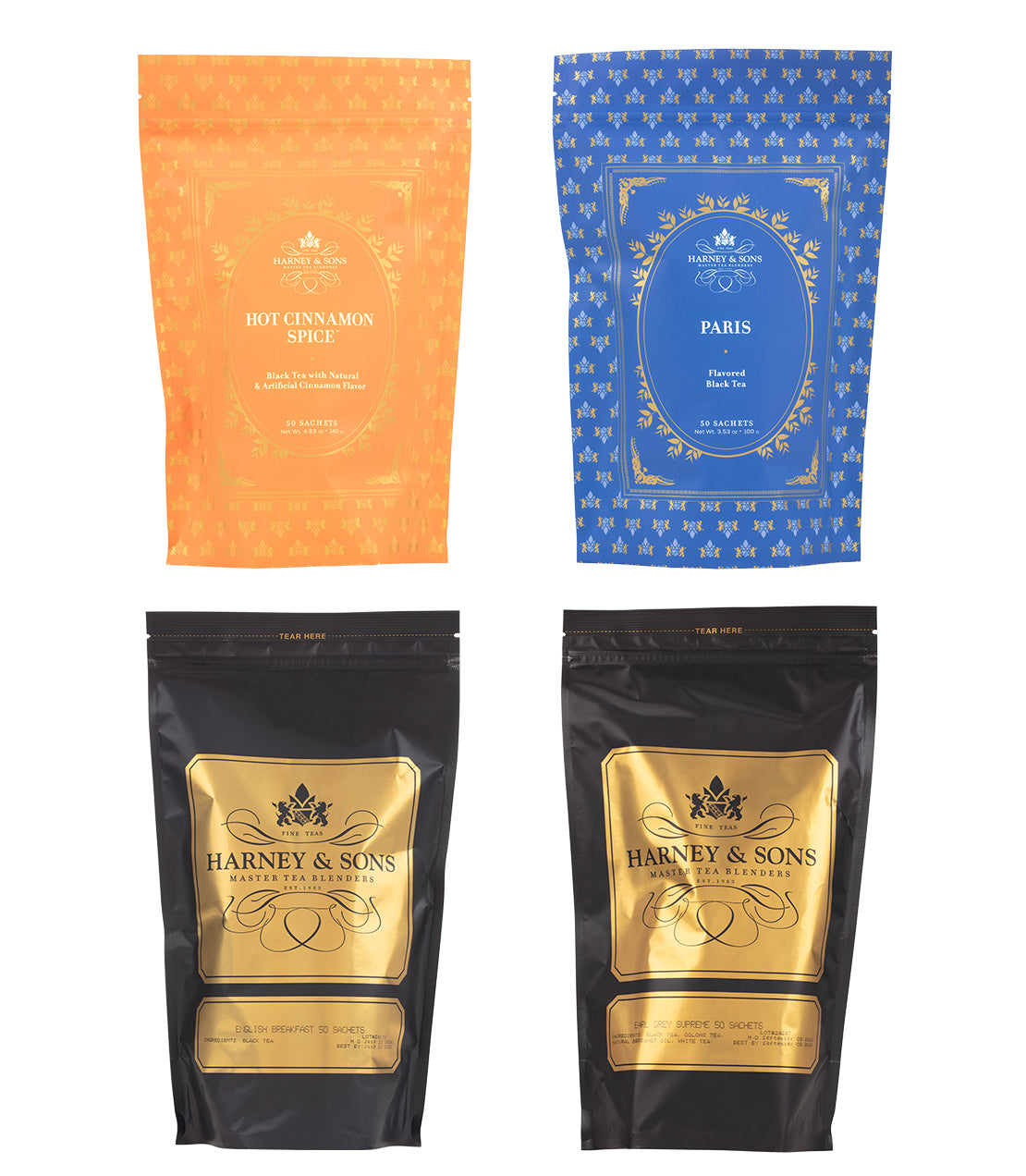 Harney & Sons Best Sellers Bulk Sachets Bundle featuring black and gold bags of English Breakfast and Earl Grey Supreme, a decorative blue bag of Paris, and a decorative orange bag of Hot Cinnamon Spice.