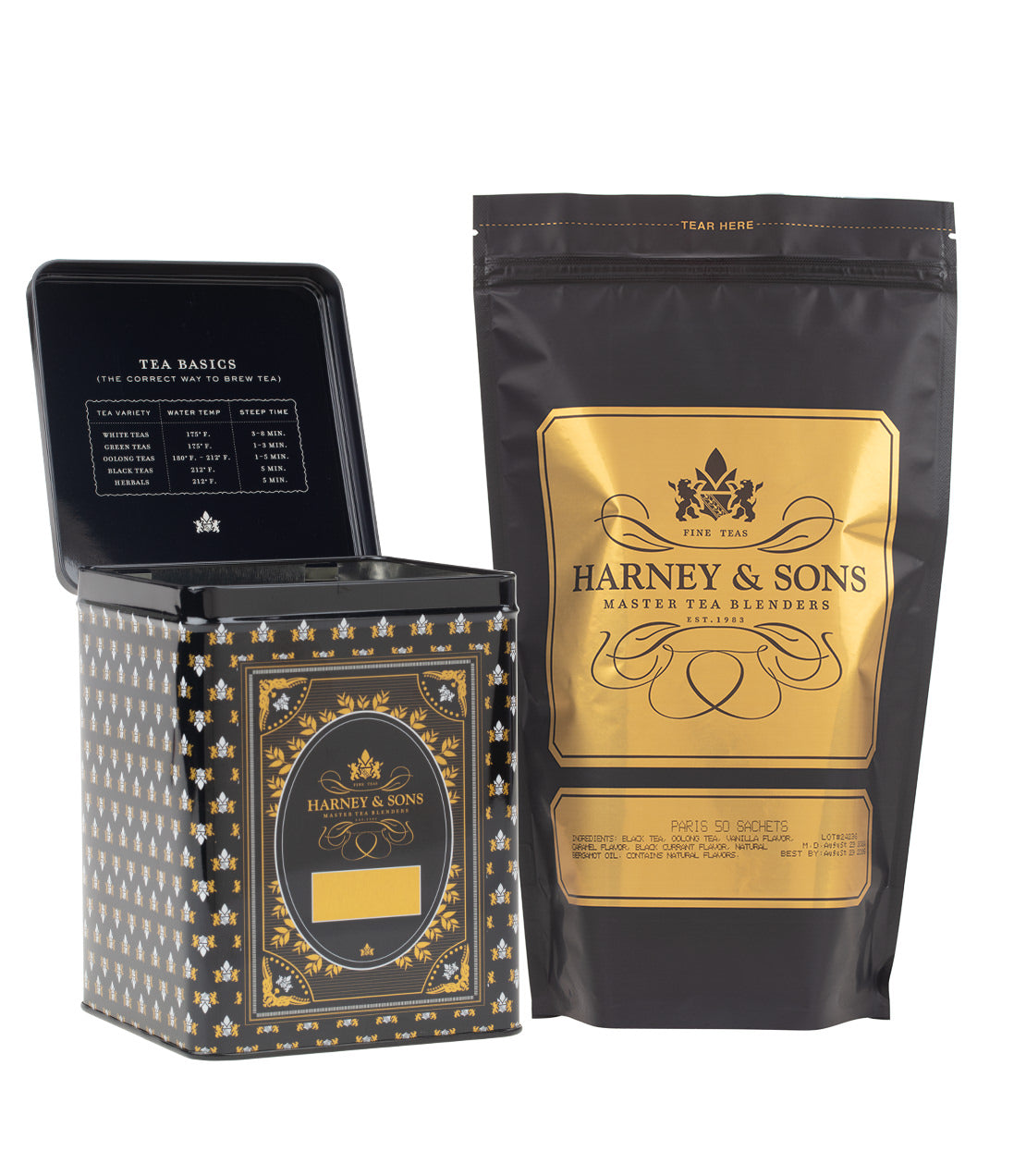 Harney & Sons Fine Teas- Black Hinged Canister- Paris 50 Sachet Bag- Bundle