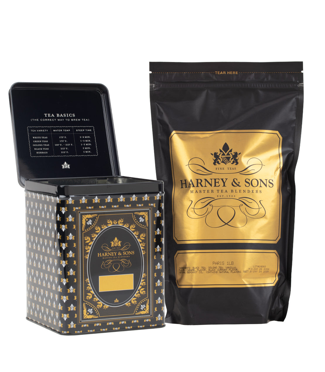 Harney & Sons 50 CT Hinged Canister Bundle featuring Paris Loose Tea in a decorative tin and bag.
