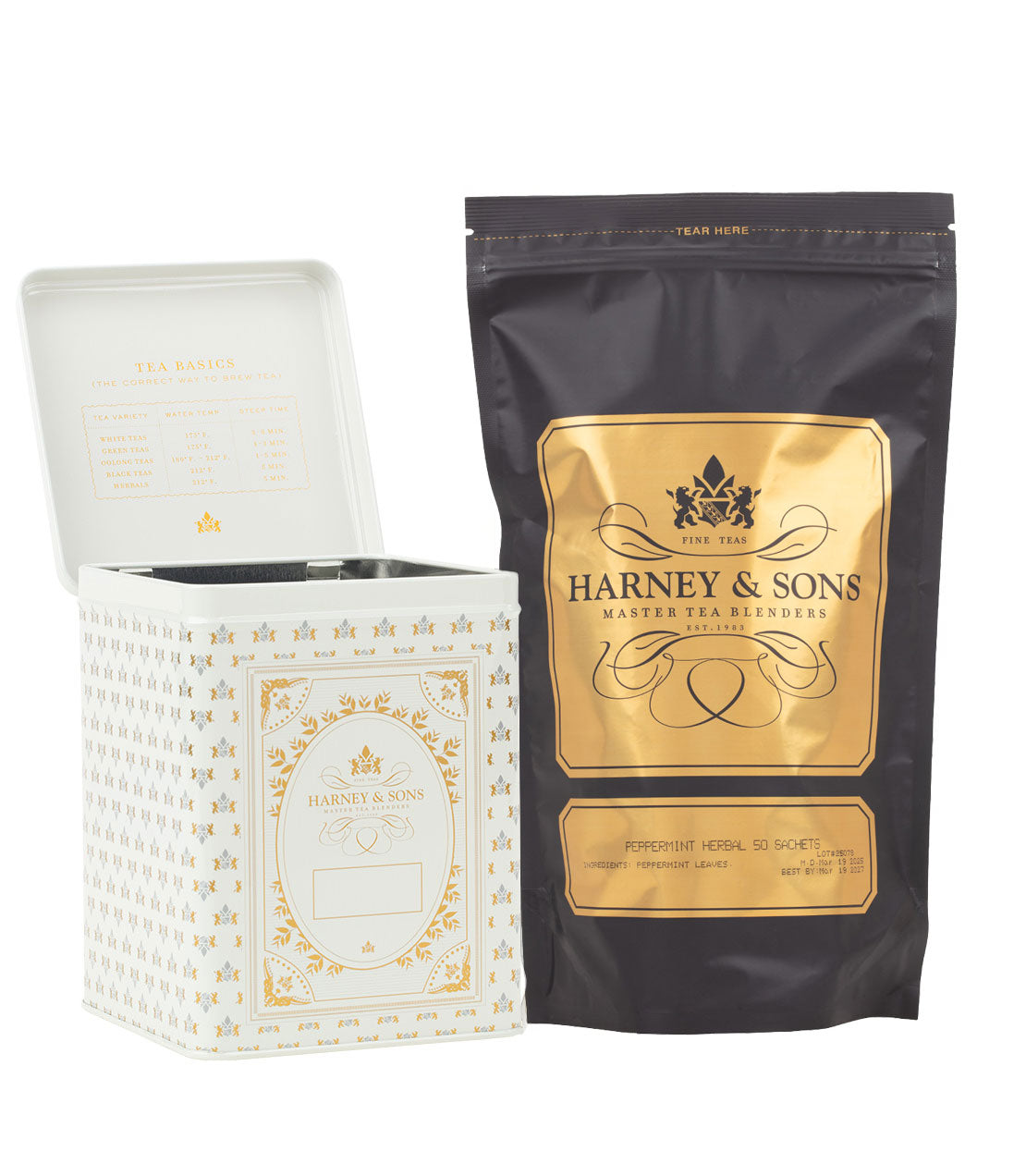 Peppermint herbal tea bundle featuring 50 sachets and a decorative cream storage canister from Harney and Sons.