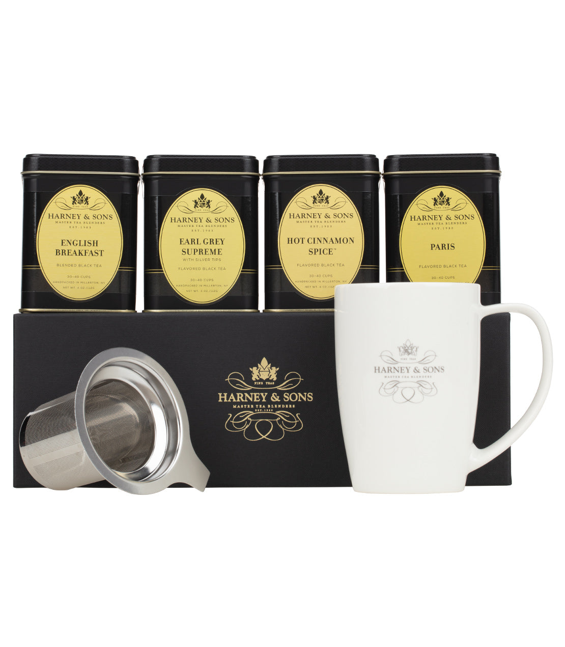 Harney & Sons Fine Teas- Bundles- The Classic Loose Tea Starter Kit- Stainless Steel Strainer- White Harney & Sons Logo Mug- 3 Black and Gold 4oz tins of loose tea including English Breakfast, Earl Grey Supreme, Hot Cinnamon Spice, and Paris