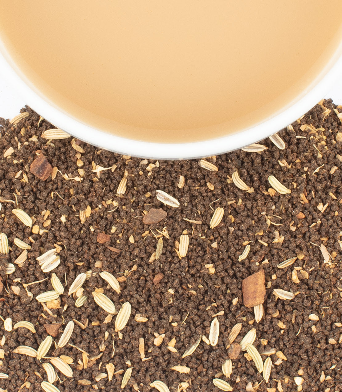 Harney & Sons Fine Teas- Masala Chai- Overhead shot of cup of tea and tea leaves