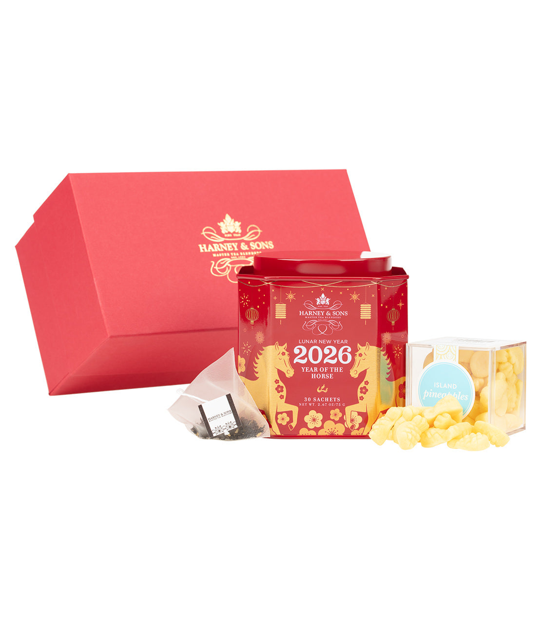 Harney & Sons Fine Teas- Lunar New Year 2026 Gift- Red box and red and gold tin of 30 sachets- Island Pineapple Gummies 