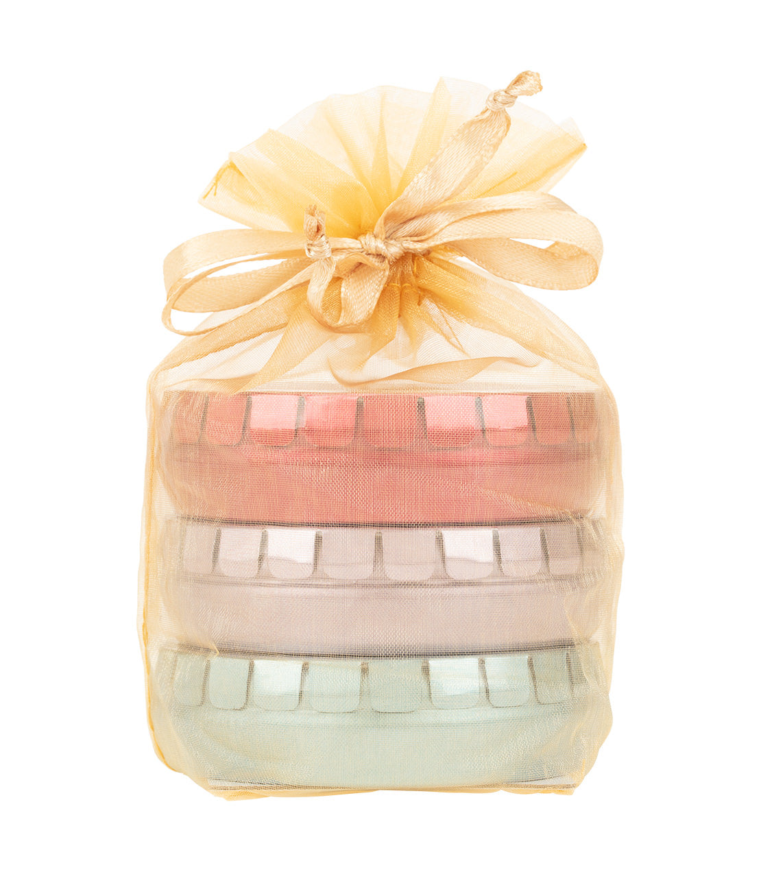 Harney & Sons Fine Teas- HRP Tagalong Trio- Three vertically stacked Tagalong tins in gold mesh bag