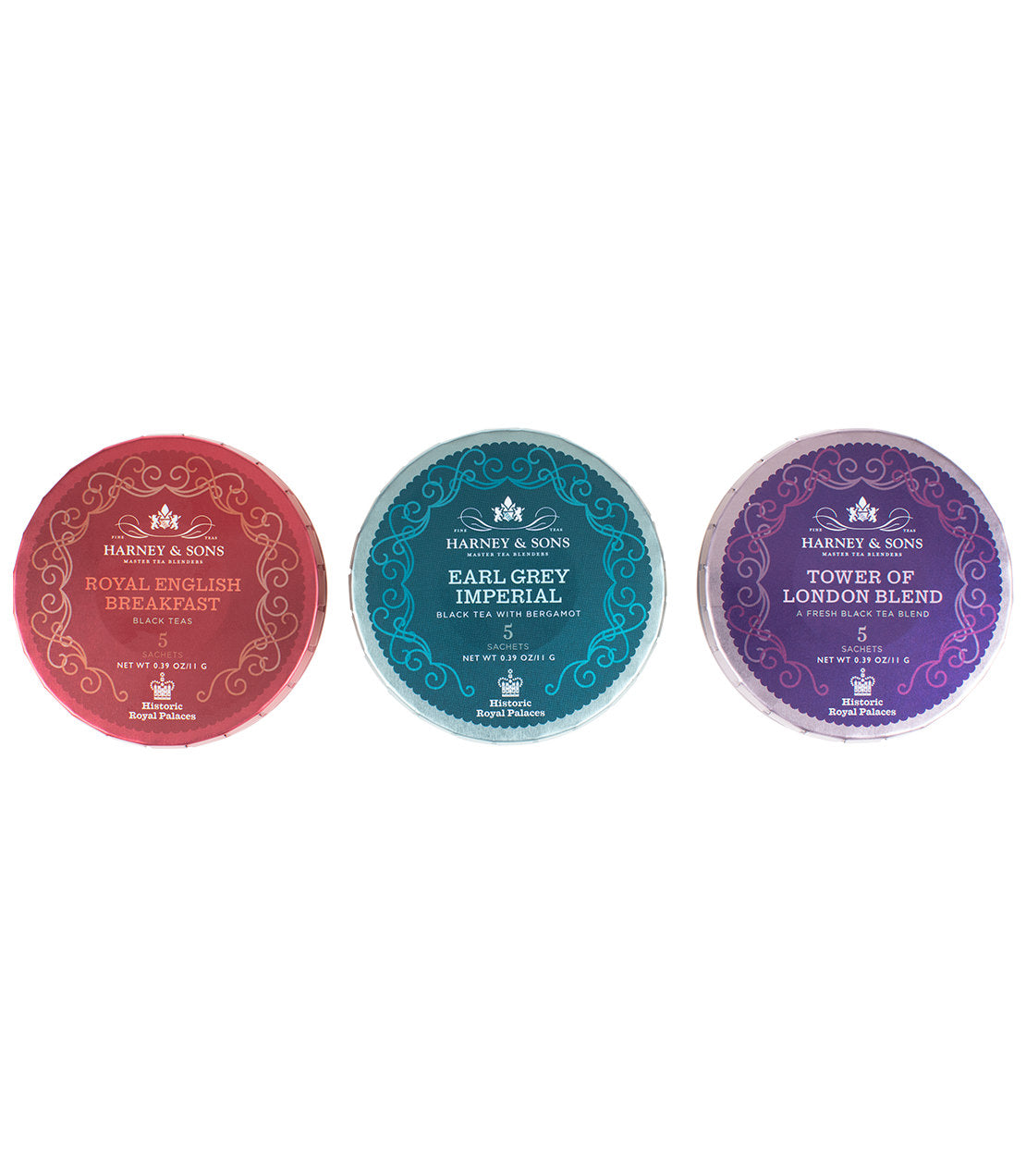 Harney & Sons Fine Teas- HRP Tagalong Trio- Overhead shot of three HRP Tagalong tins- Royal English Breakfast- Earl Grey Imperial- Tower of London Blend