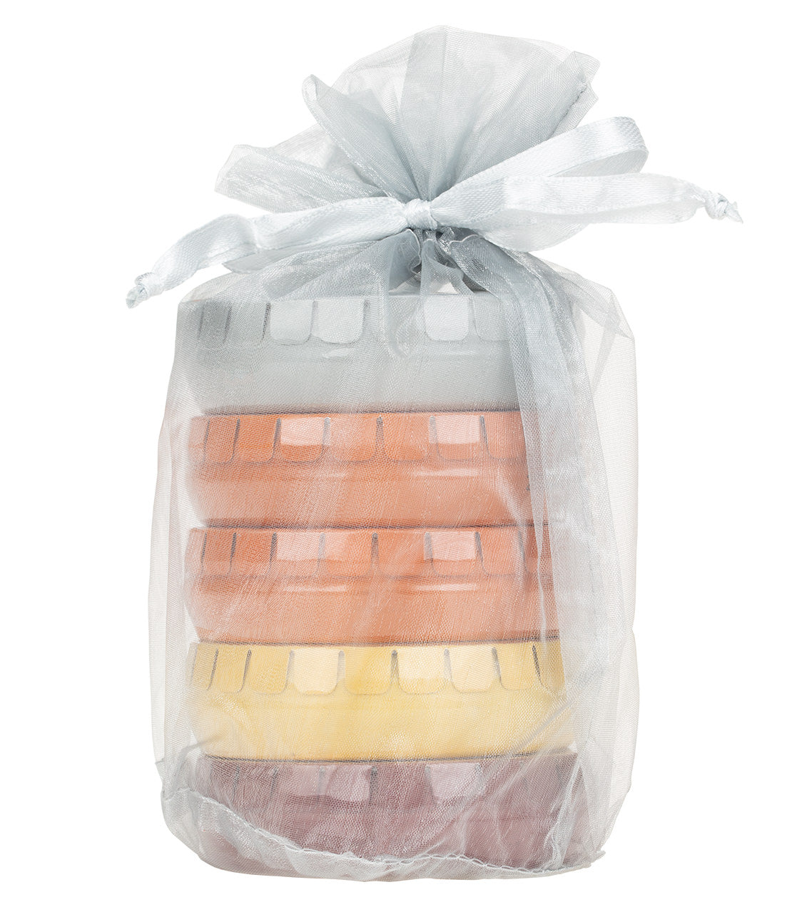 "HT Collection Tagalong Gift featuring four stacked soaps in a sheer bag, tied with a silver ribbon.