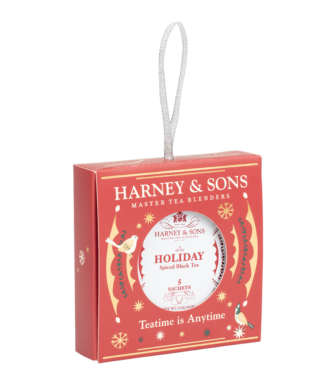 Harney & Sons Fine Teas- Holiday Tagalong Ornament- Tagalong of 5 sachets inside a festive red box with gold accents
