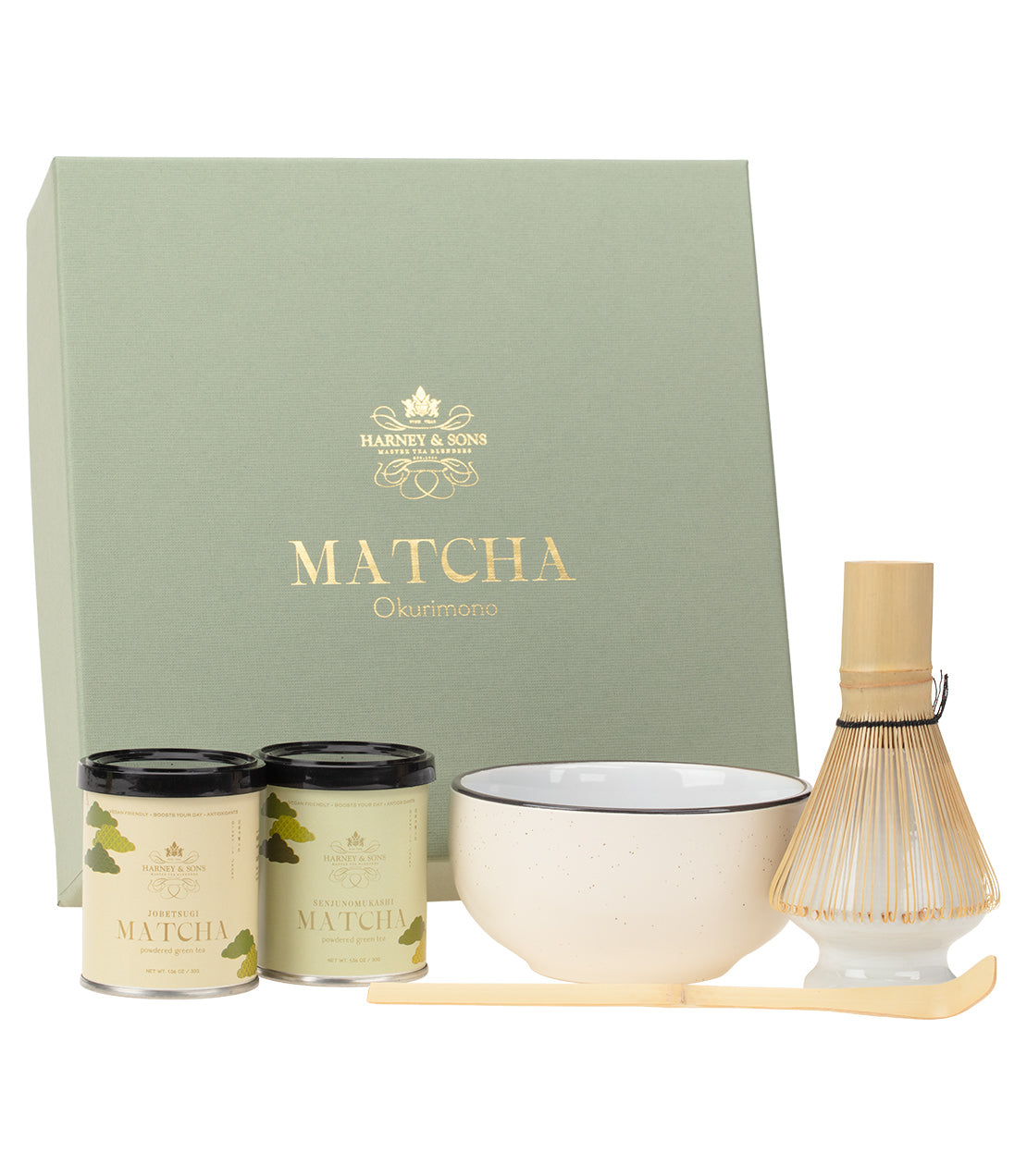 Matcha Okurimono gift set featuring two matcha tins, a ceramic bowl, bamboo whisk, and a wooden scoop in a decorative box.
