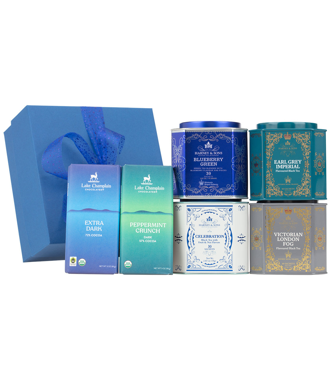 Harney & Sons Fine Teas- Winter Blues Gift set featuring assorted teas and dark chocolates in a blue gift box with a ribbon.